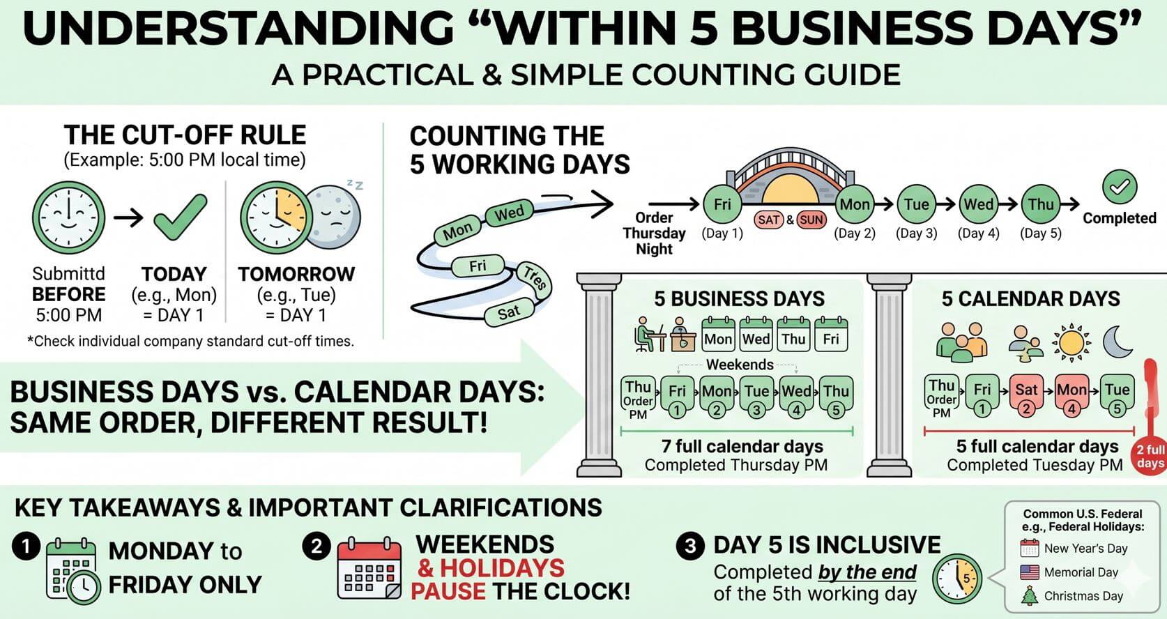 Infographic showing how to calculate 5 business days, explaining the cut-off time rule, and comparing 5 business days versus 5 calendar days.
