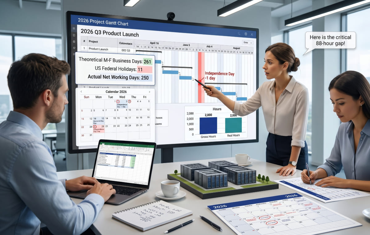 A hyper-realistic photo of three corporate professionals in a modern conference room conducting a strategic planning session. A woman stands pointing at a large digital screen displaying a Gantt chart titled '2026 Q3 Product Launch' with clear metrics: 'Theoretical M-F Working Days: 261', 'U.S. Federal Holidays: 11', and 'Actual Net Working Days: 250'. A bar chart compares 'Gross Hours' (2,088) to 'Real Hours' (2,000), and a speech bubble reads 'Here is the critical 88-hour gap!'. A man sits working on a laptop with an open spreadsheet, while another woman takes notes on a printed 2026 calendar at the table.