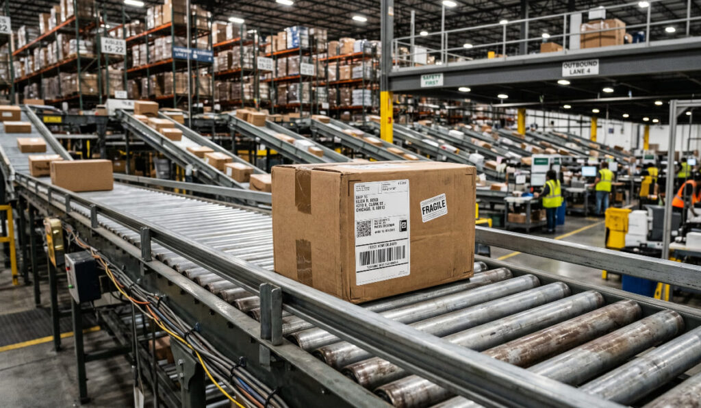 A detailed photograph of a cardboard shipping package moving on a roller conveyor system inside a massive, active logistics fulfillment center. The package, labeled 'FEDEX HOME DELIVERY', shows a specific address for 'ELIZA R. REED' in Chicago, IL, a detailed barcode, tracking number, and a 'FRAGILE' sticker. Multiple other conveyor lines carrying packages and a vast network of tall metal shelving packed with inventory fill the expansive background. A worker in a high-visibility vest manages equipment in the distance. The scene is illuminated by industrial lights, capturing the intricate details of the labels and the busy warehouse environment.