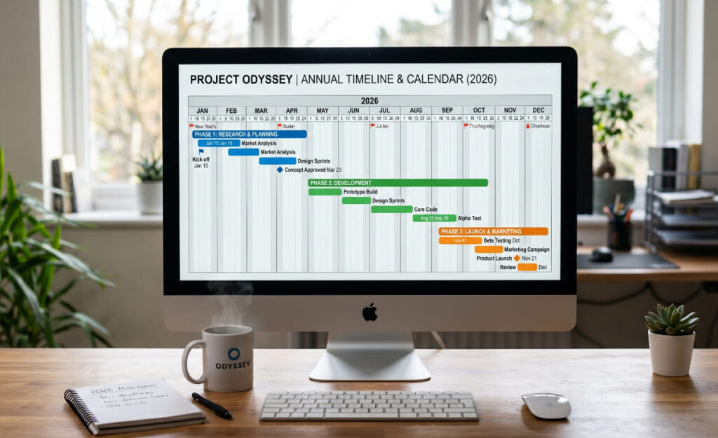 A photograph of an Apple iMac computer on a wooden desk, showing a detailed project management timeline for 'Project Odyssey' on its screen. The screen displays a colorful Gantt chart within a 2026 annual calendar view (JAN to DEC). The timeline is color-coded into three main phases: Phase 1: Research & Planning (blue), Phase 2: Development (green), and Phase 3: Launch & Marketing (orange/yellow). Specific tasks, dates, and milestones are clearly marked, such as "Kick-off Jan 15", "Market Analysis", "Concept Approved Mar 20", "Prototype Build", "Design Sprints", "Core Code", "Alpha Test", "Beta Testing Oct", "Marketing Campaign", "Product Launch Nov 21", and "Review Dec". Important holidays like New Year's, Easter, Jul 4th, Thanksgiving, and Christmas are also indicated. On the desk below the computer are a white keyboard, a mouse, a ceramic mug with the 'ODYSSEY' logo, an open spiral notebook with handwritten notes like "2026 Milestones" and "Dev goals", a pen, a glass water bottle, and a small potted succulent. The background is a bright, windowed home office with natural light and other office supplies. The perspective is a straight-on, in-focus view of the computer and desk items.