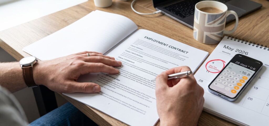 Close-up of an employee checking a UK calendar and employment contract on a desk to calculate bank holiday entitlement rules.