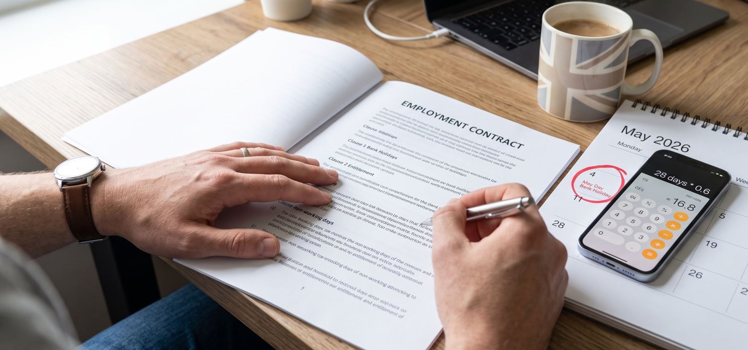 Close-up of an employee checking a UK calendar and employment contract on a desk to calculate bank holiday entitlement rules.