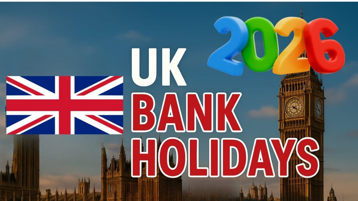 A graphic image for UK Bank Holidays in 2026, set against a background of the Houses of Parliament and Big Ben in London. Prominent red text in the center reads "UK BANK HOLIDAYS", with a Union Jack flag in the upper left and colorful, 3D numbers for "2026" in the upper right.