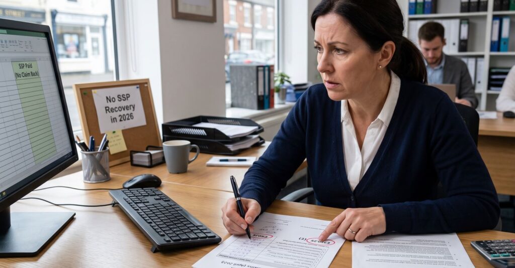 UK small business owner calculating non-reclaimable Statutory Sick Pay costs in 2026