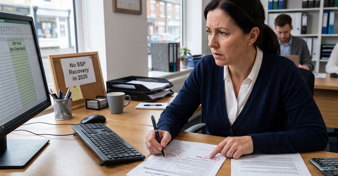 UK small business owner calculating non-reclaimable Statutory Sick Pay costs in 2026