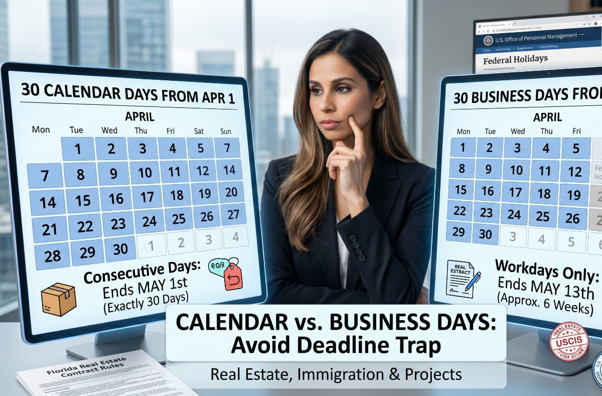A thoughtful business professional stands between two large monitors comparing a 30-calendar-day deadline versus a 30-business-day deadline. The left screen shows a consecutive April calendar ending May 1st. The right screen shows only workdays (Monday-Friday) on an April/May calendar, ending May 13th. Text on the screens highlights the difference, alongside icons for real estate contracts and a Gantt chart.