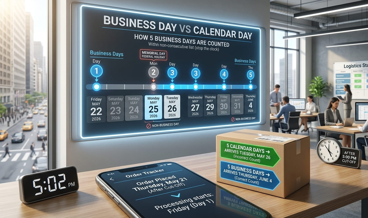 An office desk with a smartphone showing an order tracking app after a 5:00 PM cut-off time, a shipping box comparing 5 calendar days versus 5 business days, and a large digital wall display tracking a visual timeline that skips weekends and the Memorial Day federal holiday.