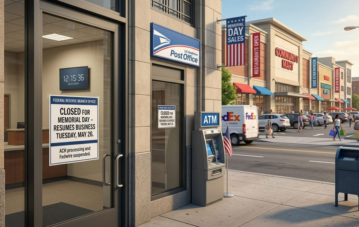 A closed bank and post office entrance with a sign stating ACH and Fedwire processing is suspended for Memorial Day, with open retail stores, holiday sale banners, and a moving FedEx truck in the background.
