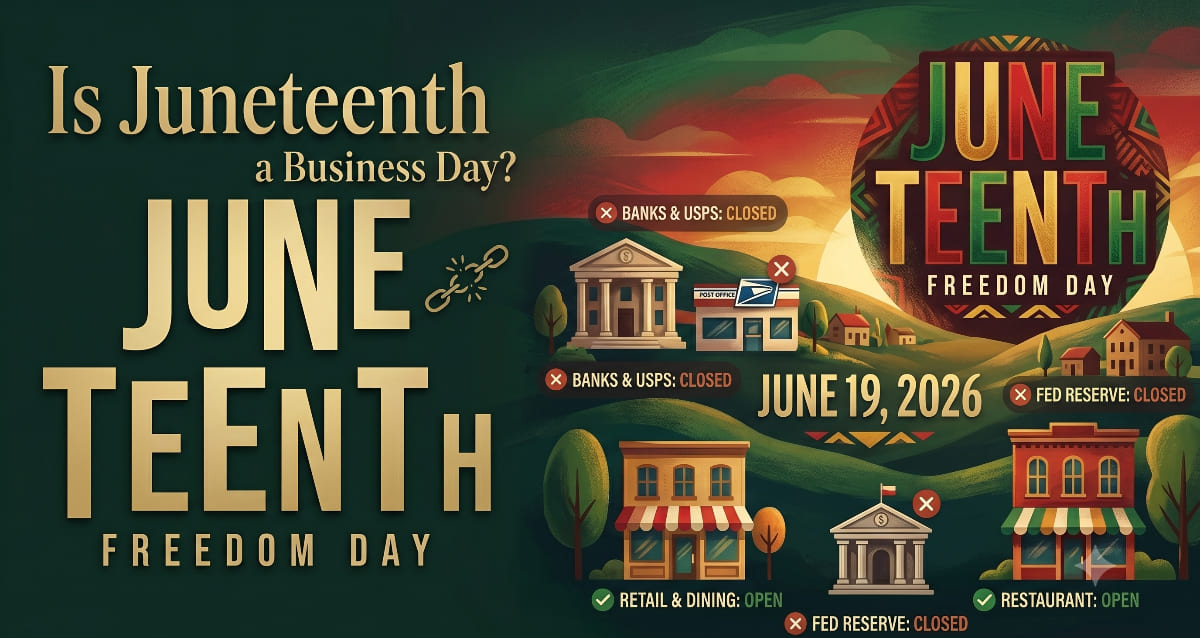 A detailed illustrative infographic banner about Juneteenth (June 19, 2026). The image has a split design. The left side features large, stacked gold text, 'Is Juneteenth a Business Day? JUNETEENTH Freedom Day', with a broke chain icon, and author credit text 'BY DAYANAPRUEBA / JUNE 17, 2026'. The right side provides a detailed illustrative map of a town with specific buildings. Red circular toggles with 'X' icons clearly indicate 'BANKS & USPS: CLOSED' and 'FED RESERVE: CLOSED'. Green circular toggles with checkmark icons mark 'RETAIL & DINING: OPEN' and 'RESTAURANT: OPEN'. A prominent date marker shows 'JUNE 19, 2026'. A vibrant patterned circular logo contains 'JUNETEENTH FREEDOM DAY' in red, green, and yellow. The background is forest green and a textured sunset gradient.