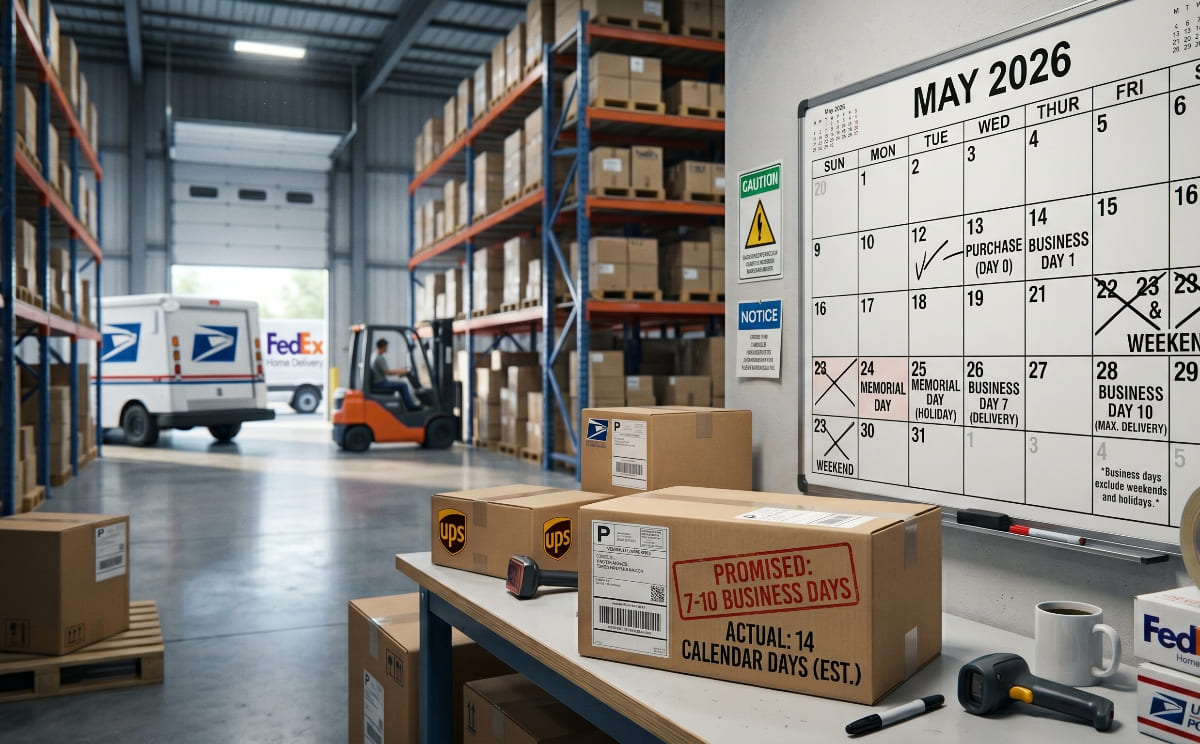 PROMISED: 7-10 BUSINESS DAYS" and "ACTUAL: 14 CALENDAR DAYS (EST.)". On the wall to the right, a large dry-erase whiteboard is a business day calendar for "MAY 2026", showing specific annotations: May 13 is "PURCHASE (DAY 0)", May 14 is "BUSINESS DAY 1", May 25 is "MEMORIAL DAY (HOLIDAY)", May 26 is "BUSINESS DAY 7 (DELIVERY)", and May 29 is "BUSINESS DAY 10 (MAX. DELIVERY)". A large hand-drawn X marks the weekends of May 23-24 with the text "WEEKEND" below. A note at the bottom of the board clarifies: "Business days exclude weekends and holidays." Warehouse shelves, a forklift, and a USPS delivery truck are visible in the background.