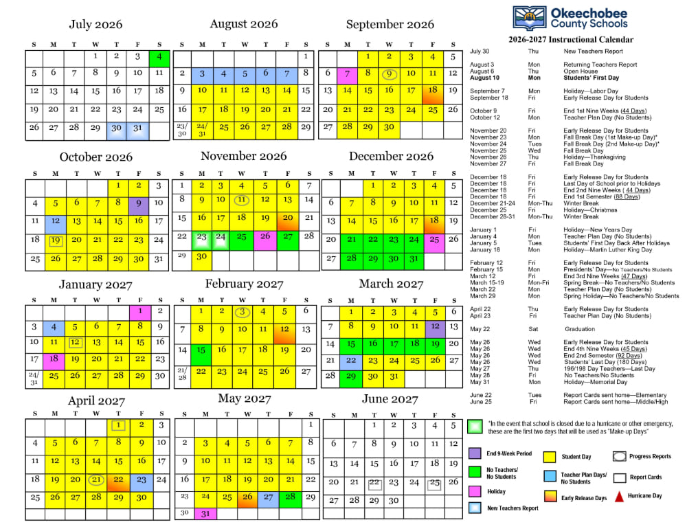 Official 2026-2027 Okeechobee County Schools Calendar Image