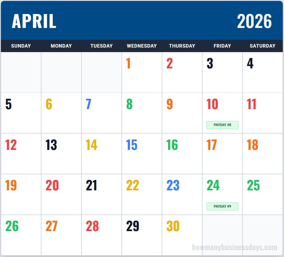 USPS Color Coded Calendar April 2026