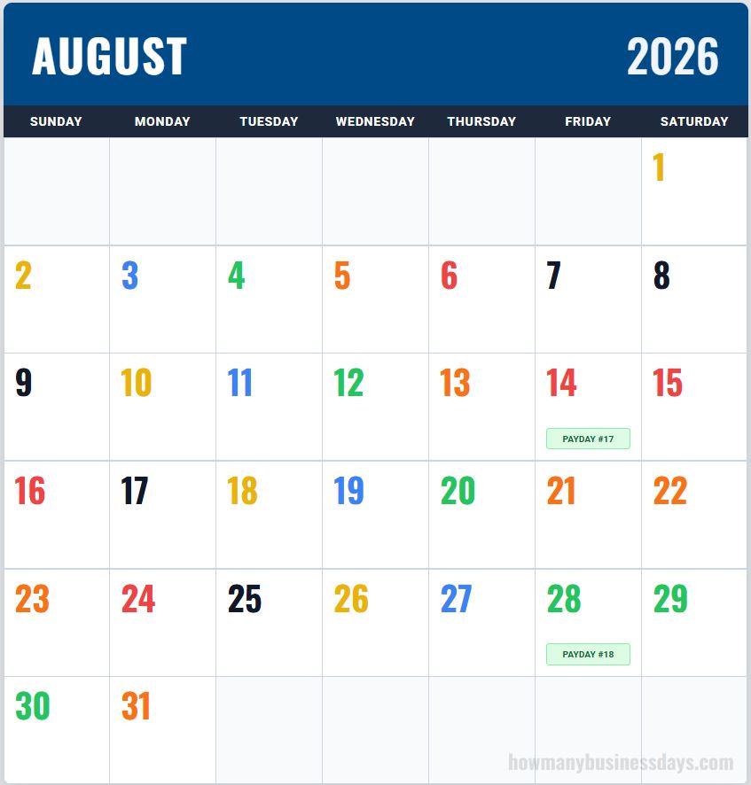 USPS Color Coded Calendar August 2026