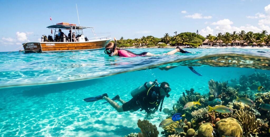 Split-shot photograph showing a scuba diver exploring a coral reef in crystal-clear turquoise water in Cozumel, while a snorkeler floats on the surface next to a dive boat and a tropical island on a sunny day.