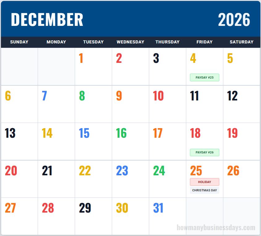 USPS Color Coded Calendar December 2026