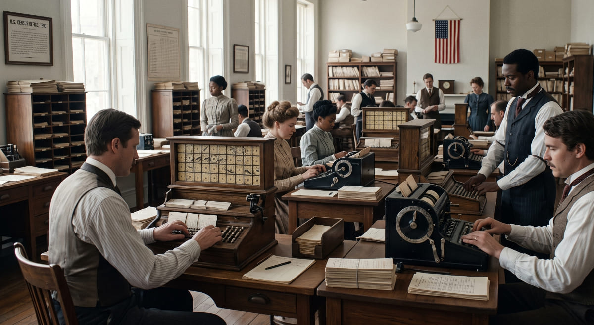 A realistic 4K horizontal photograph of a busy 1890 U.S. Census office with many employees focusing diligently on operating early Hollerith punch-card tabulating machines. The machines feature multiple dials, levers, and stacks of perforated cards. The sunlit office is filled with large wooden desks, archival shelves, period clothing (waistcoats, dresses), and a small US flag is visible on a distant wall. This image showcases a pivotal moment in American history and data processing technology.