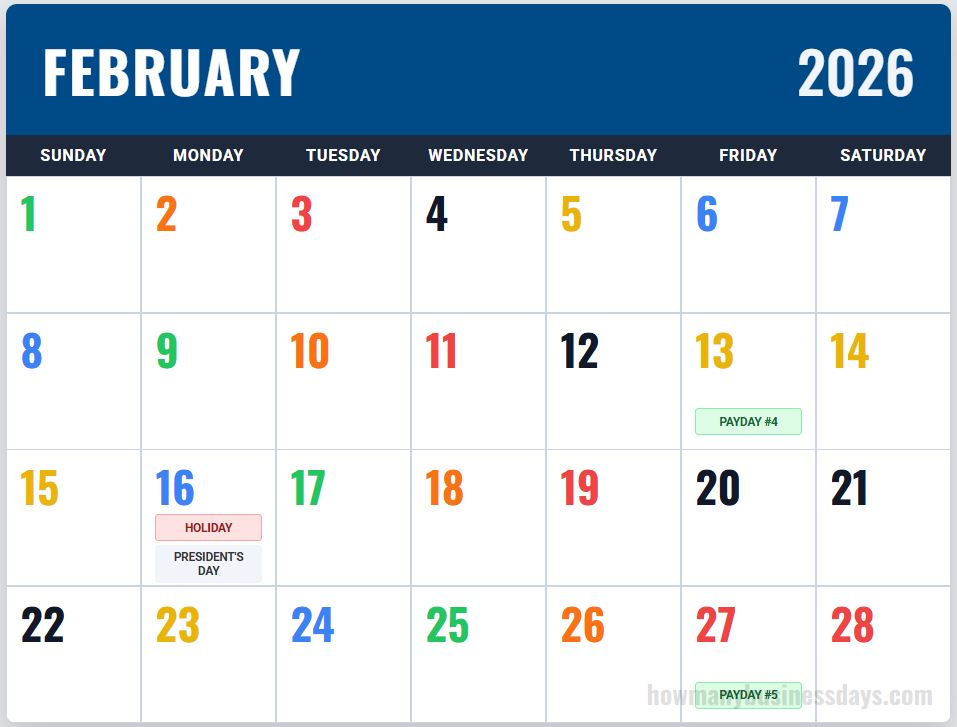 USPS Color Coded Calendar February 2026