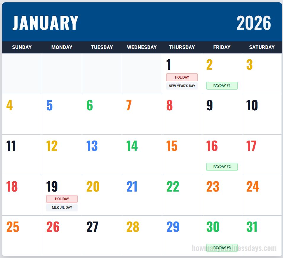 USPS Color Coded Calendar January 2026