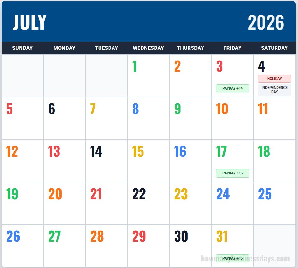 USPS Color Coded Calendar July 2026