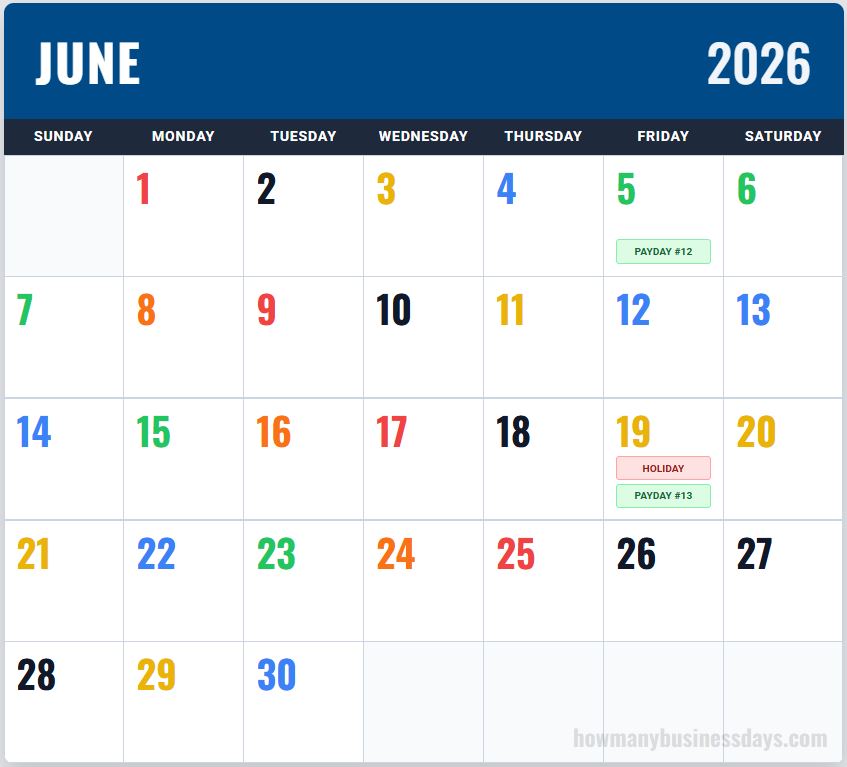 USPS Color Coded Calendar June 2026