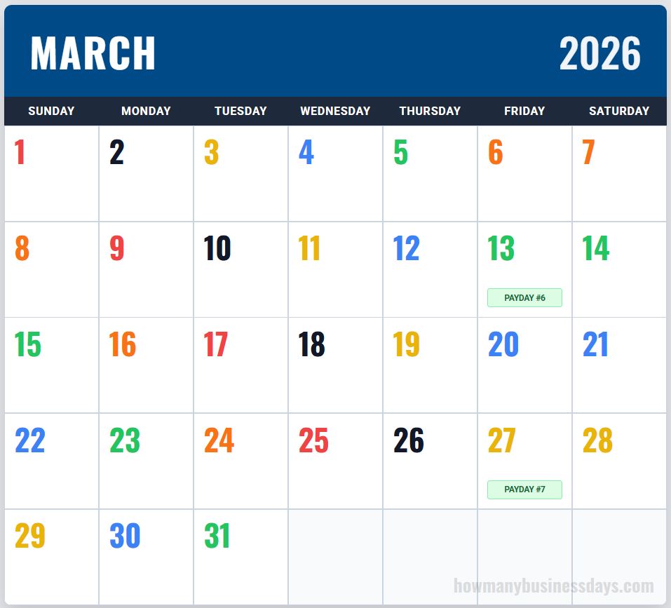 USPS Color Coded Calendar March 2026