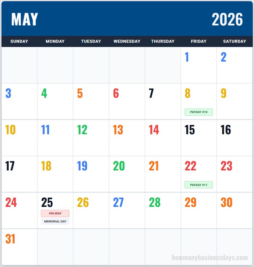 USPS Color Coded Calendar May 2026