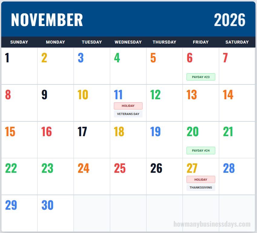 USPS Color Coded Calendar November 2026