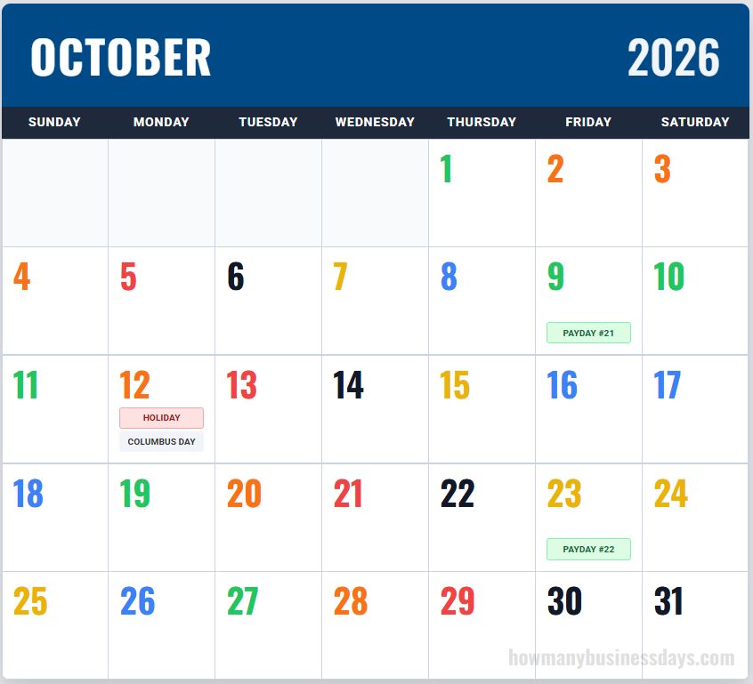 USPS Color Coded Calendar October 2026