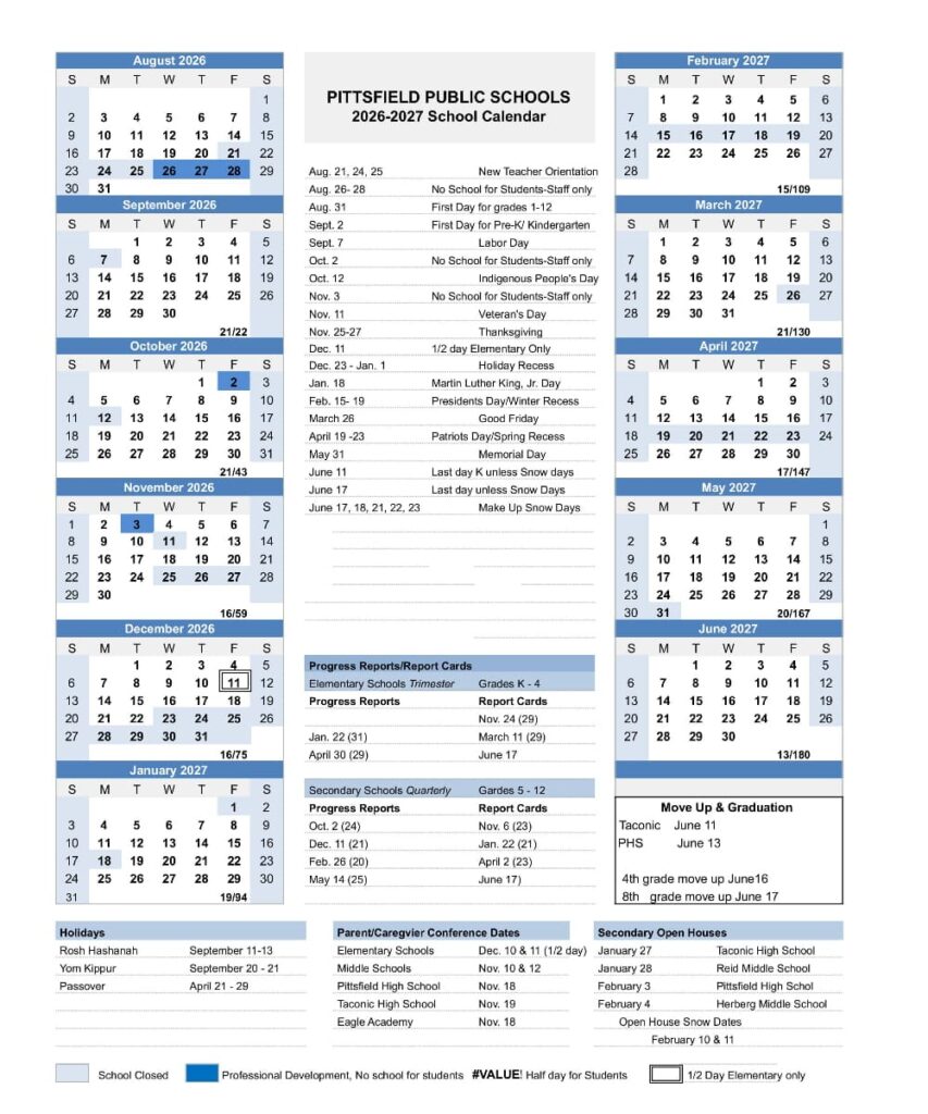 High-definition 2026-2027 school calendar for Pittsfield Public Schools in Massachusetts featuring holidays and key academic dates.