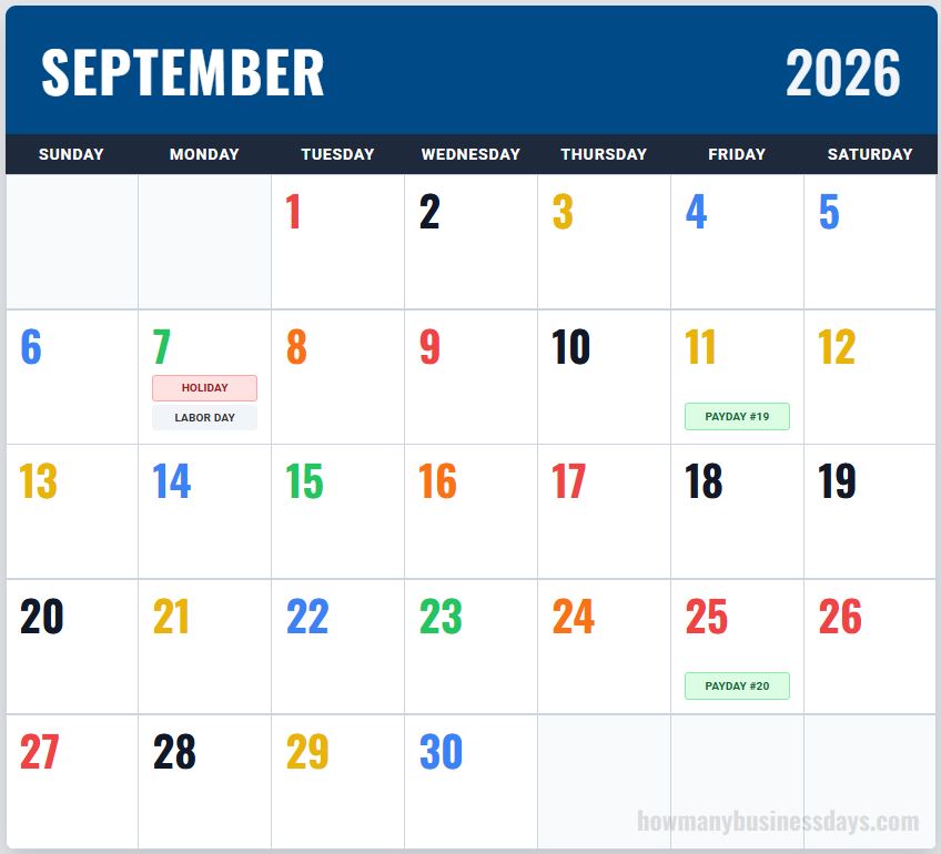USPS Color Coded Calendar September 2026