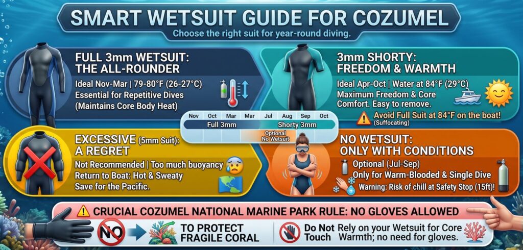 Smart Wetsuit Guide for Cozumel - Wetsuit Selection and National Park Rules Infographic - Cozumel Water Temperature