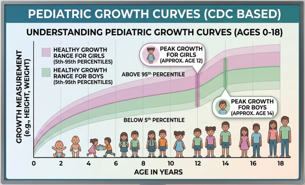 Y-axis: "GROWTH MEASUREMENT (e.g., HEIGHT, WEIGHT)".
X-axis: "AGE IN YEARS". Clarifying "HEALTHY GROWTH RANGE" for both boys and girls across the 5th-95th percentiles.