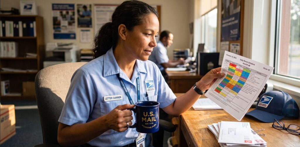 USPS Letter Carrier Checking 2026 Color Coded Calendar