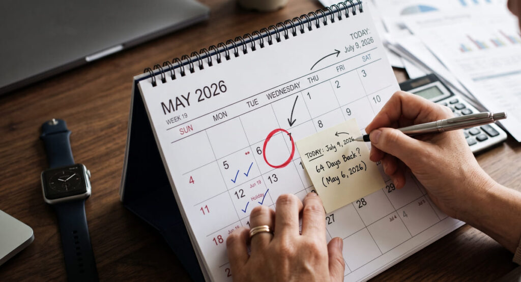 A desk calendar is open to May 2026. A hand holds a pen and is circling Wednesday, May 6th, with a bold red marker. Above the calendar, it says "JULY 9, 2026" with an arrow pointing back to May 6th. The surrounding desk has a smartwatch, a laptop, and papers, illustrating the calculation.