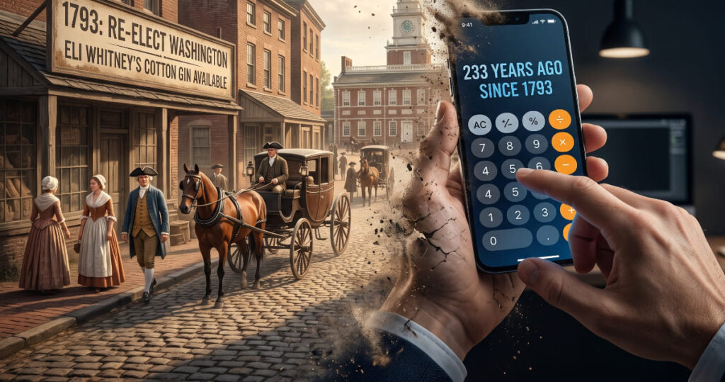 A conceptual split-screen image showing an American historic street in 1793 with George Washington and Eli Whitney signs on the left, and a modern smartphone calculator displaying 233 years ago since 1793 on the right.