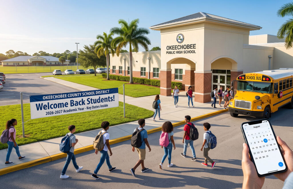 Students arriving at Okeechobee Public High School for the 2026-2027 academic year, with a smartphone in the foreground displaying the august start date for the okeechobee schools calendar.