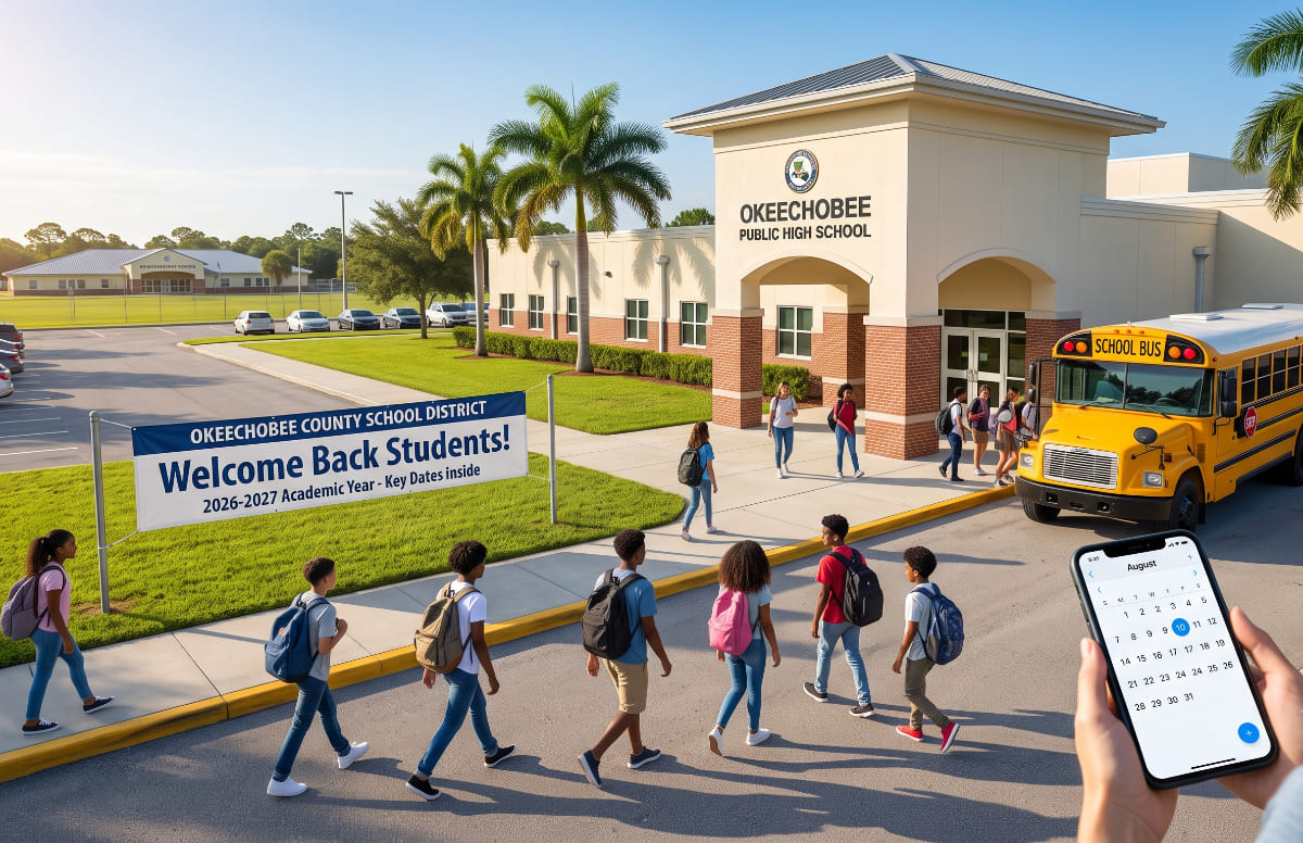 Students arriving at Okeechobee Public High School for the 2026-2027 academic year, with a smartphone in the foreground displaying the august start date for the okeechobee schools calendar.