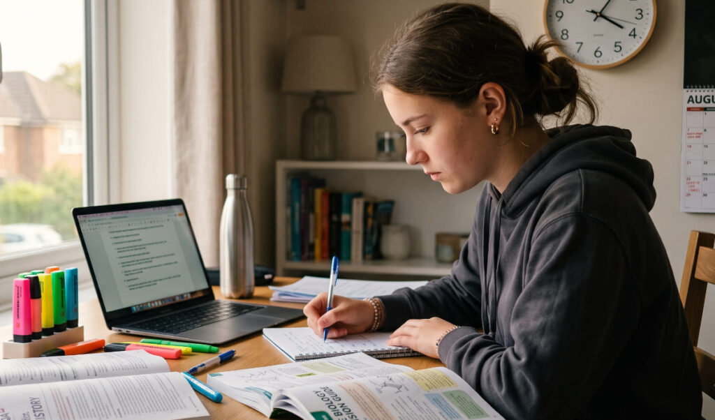A focused UK student studying for their first GCSE exam at a desk with textbooks, a laptop, and a clock representing the revision countdown.