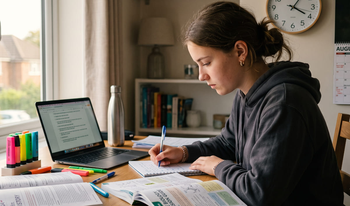 A focused UK student studying for their first GCSE exam at a desk with textbooks, a laptop, and a clock representing the revision countdown.