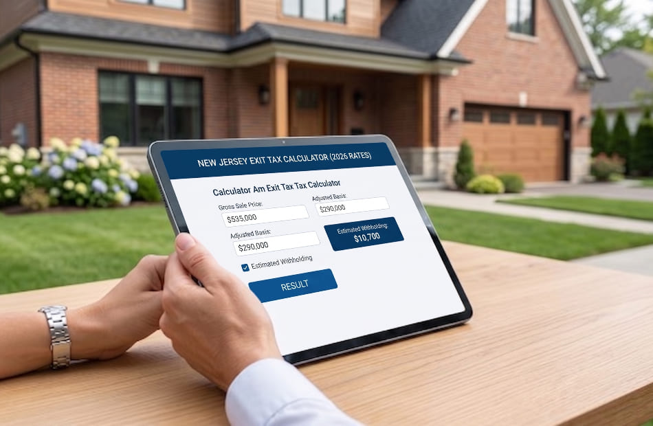 Hands holding a digital tablet with the NJ exit tax calculator in front of a New Jersey residential property