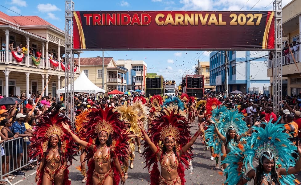 Masqueraders in vibrant red and teal feathered costumes dancing under a Trinidad Carnival 2027 banner during the street parade in Port of Spain.