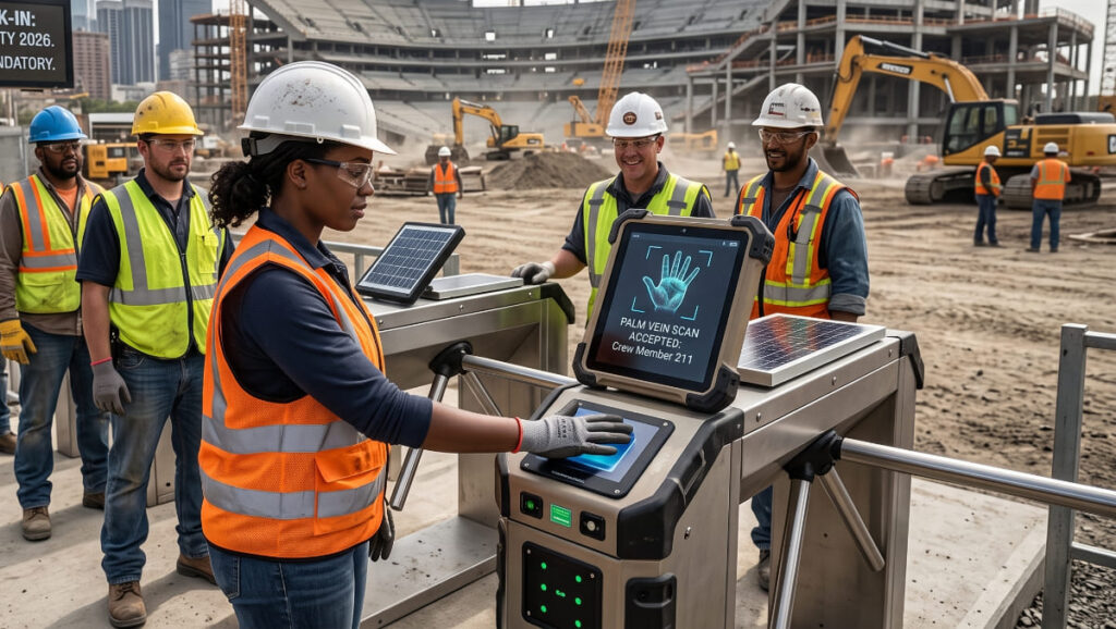 A construction worker uses a ruggedized contactless palm vein scanning turnstile at a site entrance, showcasing an automated, high-security biometric time clock solution for massive projects.