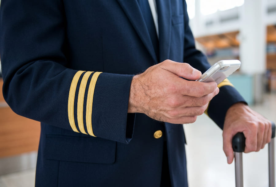 A professional airline pilot in uniform seated in a modern jet cockpit at dusk, intently managing FAA flight duty limits using a smartphone with an interactive part 117 calculator tool.